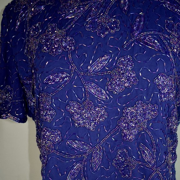 NWT LAWRENCE KAZAR Heavy Beaded Dress M Silk Floral Tiered Overlay Cocktail - Picture 3 of 7